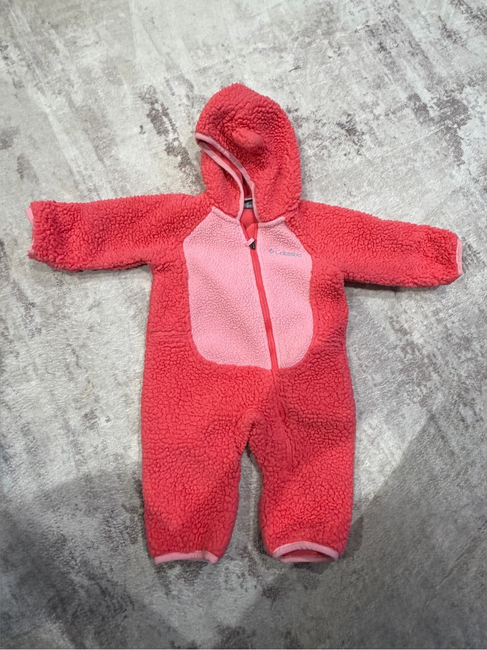 Columbia Coral and Light Pink Sherpa Baby One-Piece Hooded Jumpsuit